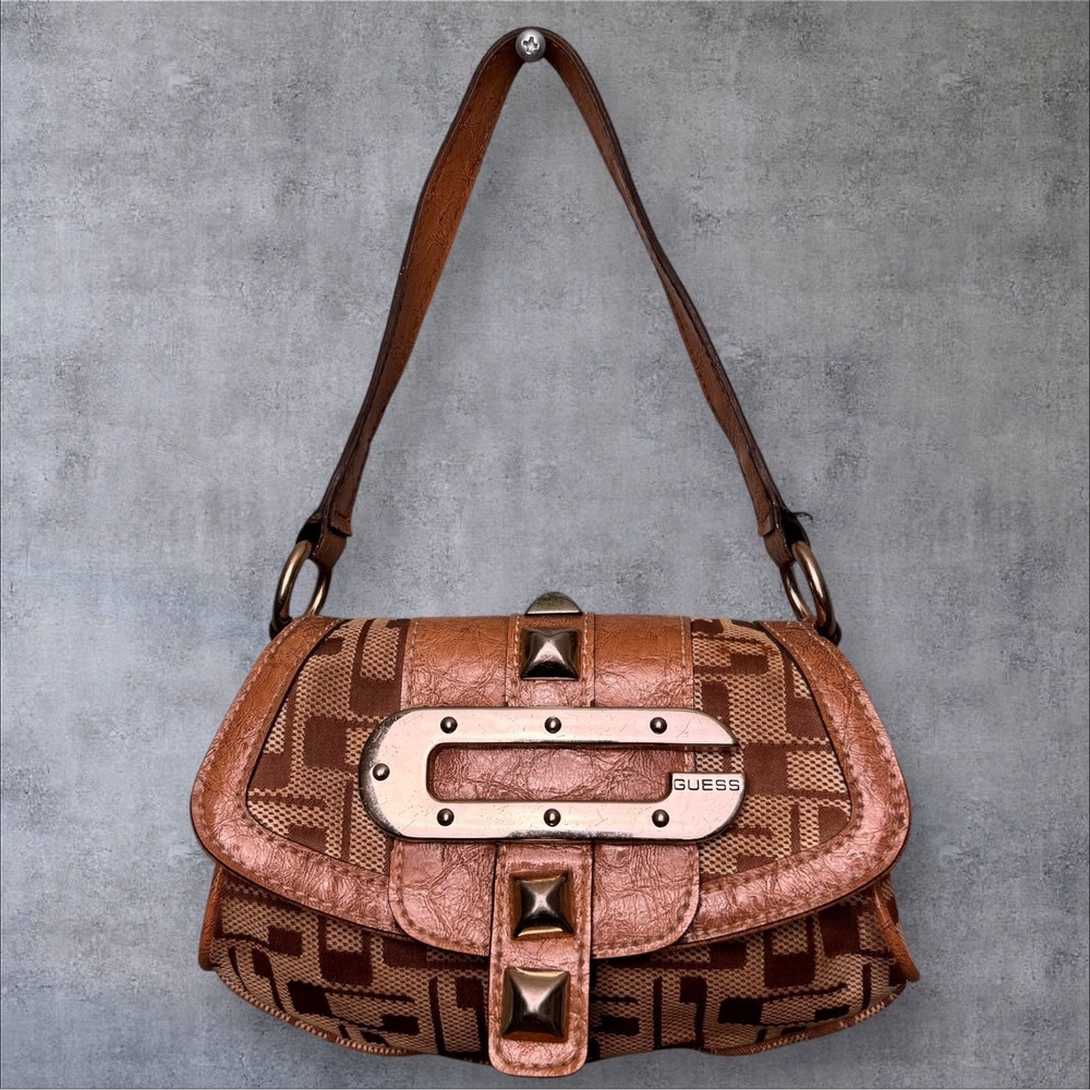 Vtg Y2K Guess Handbag G Buckle logo Print Purse Mini Top Handle Shoulder Bag
